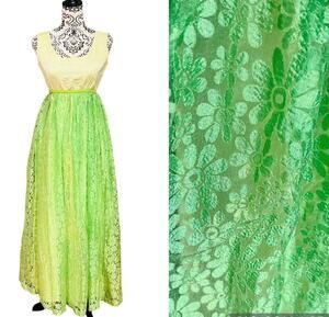 Vintage 50's/60's Bright Lime Green Daisy Lace Maxi Dress XS/Small Flower Power